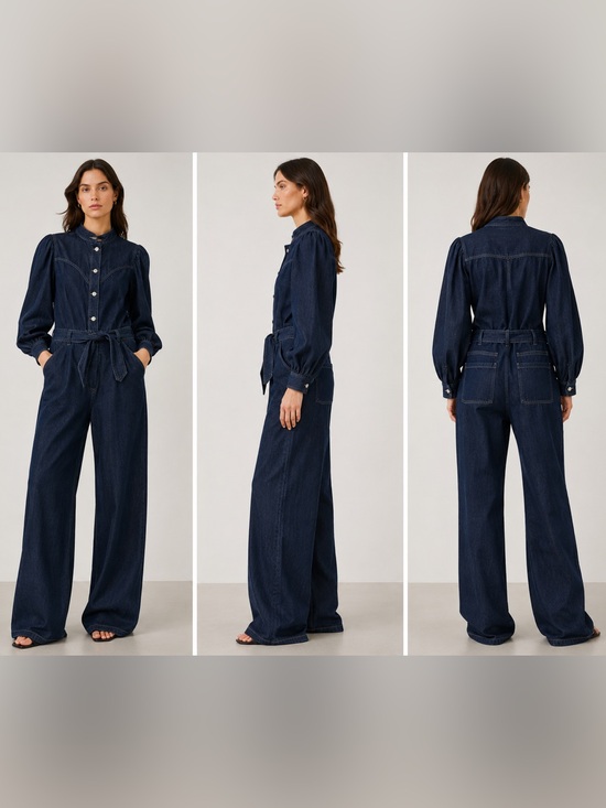 7 For All Mankind Pants - 7 For All Mankind Women’s Denim Jumpsuit Large Dark Wash Wide Leg Belted